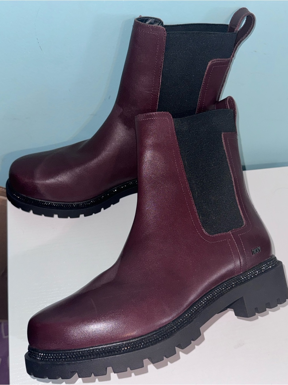 DKNY Burgundy Leather Chelsea Lug Booties